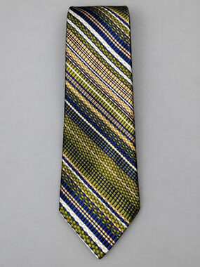 Men’s 100% Silk Tie Made in Italy Olive Green Navy Tan Striped Woven Necktie